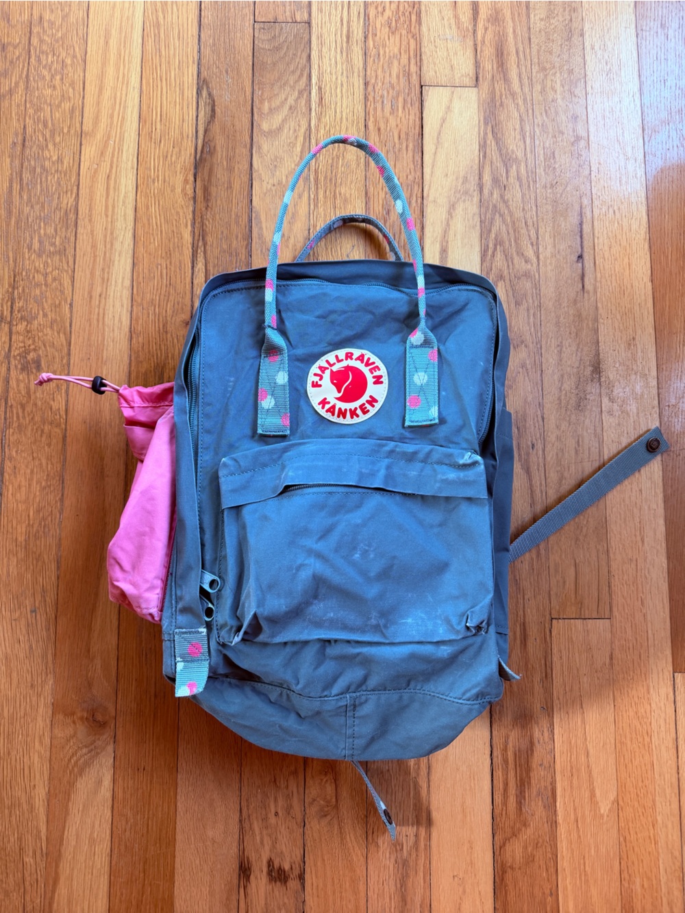 Fjallraven gray and pink polka dot backpack